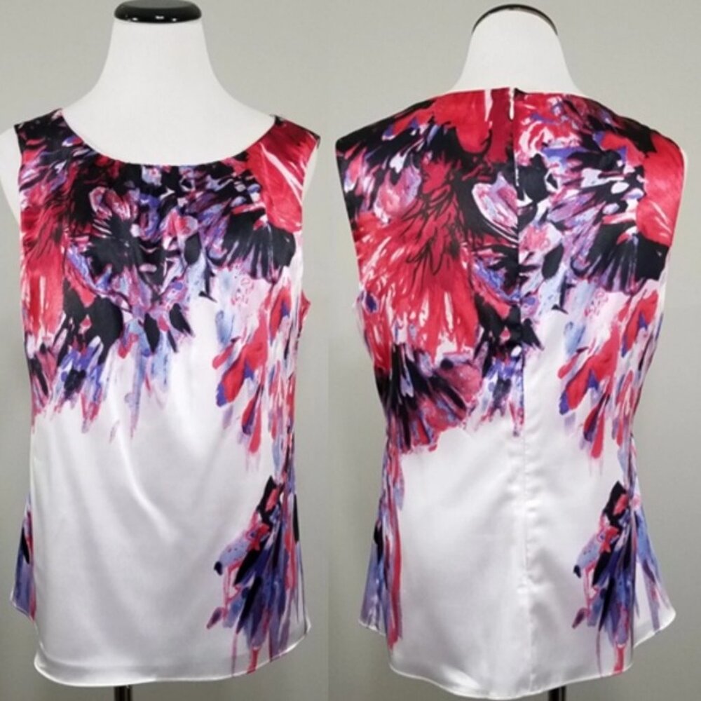 T Tahari Size Large Expressionist Painterly Satin Shell Tank Top Blouse